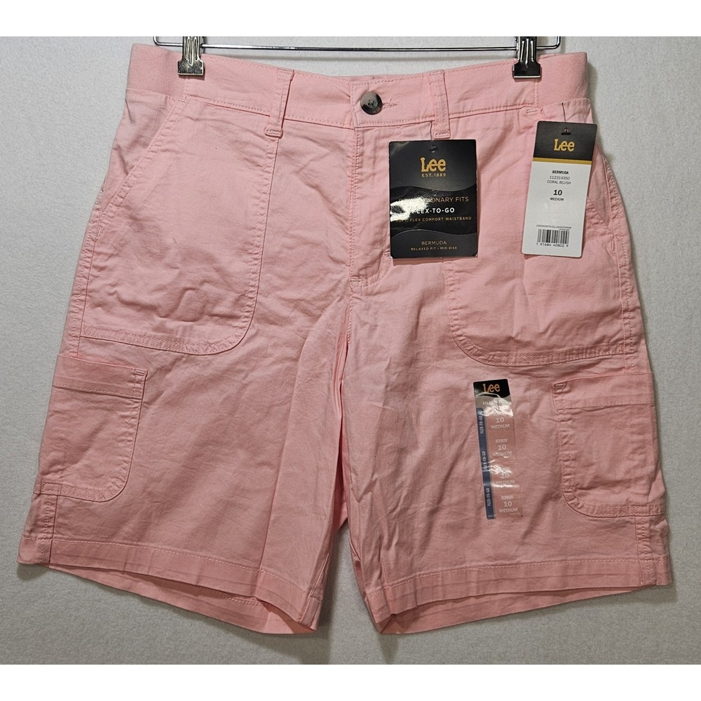 Lee Women's Relaxed Fit Mid Rise Stretch Bermuda Shorts, Coral Blush, Sz 10, NWT